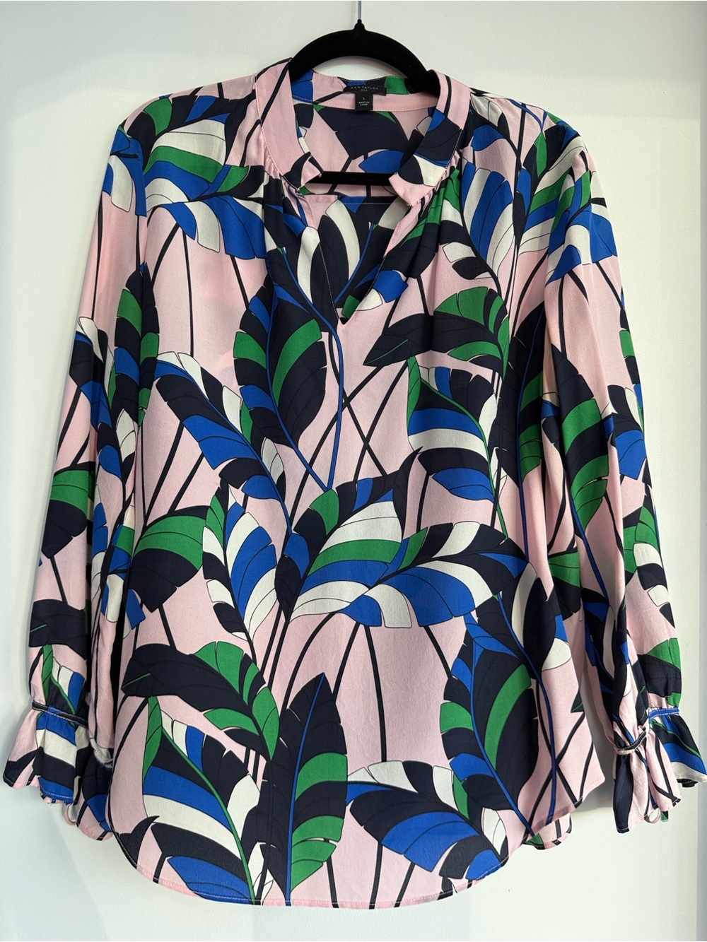 Ann Taylor Pink Tropical Leaf Print Blouse with Blue & Green Accents, Size L